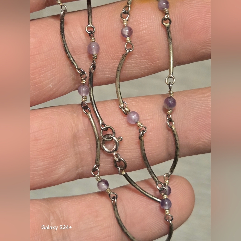 Elegant Sterling Silver And Purple Beaded Necklace 17"